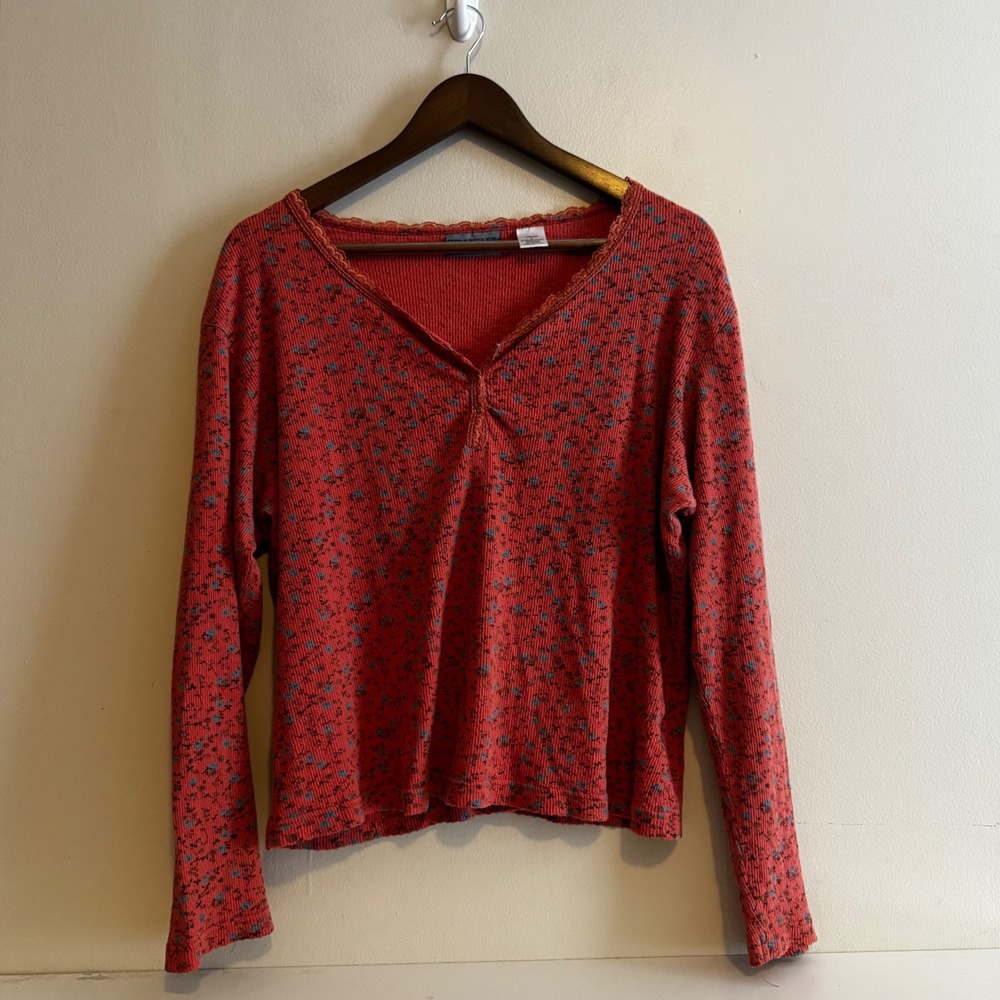 VTG Wrangler Blues Women's Floral Lace Trim Ribbed Long Sleeve Top XL Cotton